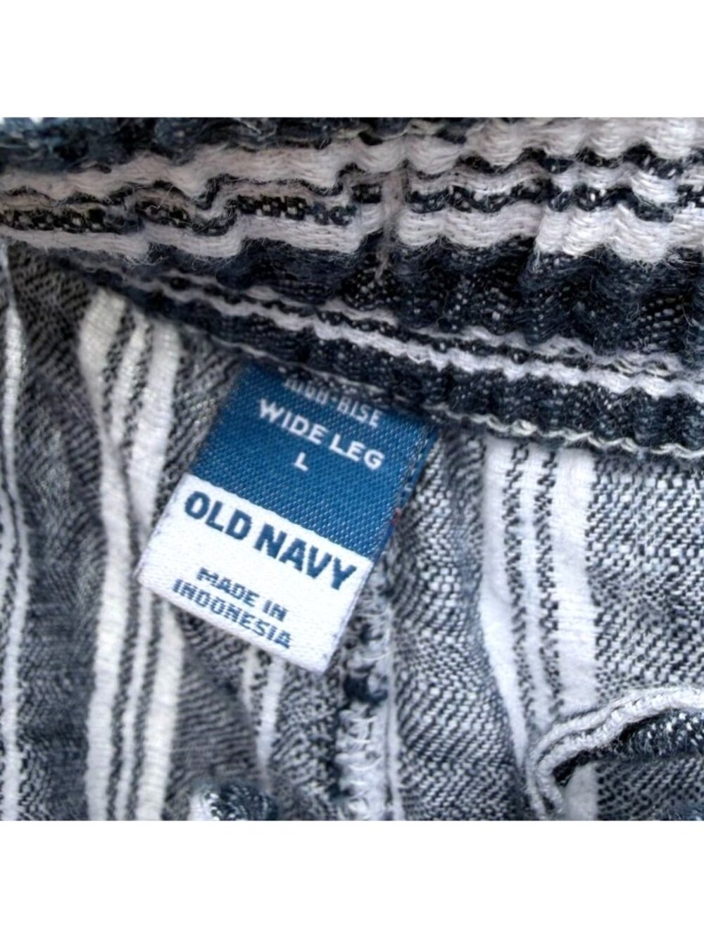 Old Navy Wide Leg Linen Pants L Womens Striped Blue White Summer Elastic Waist - Picture 4 of 5